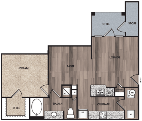 Floor plan for 1 bed, 1 bath, 840 sqft
